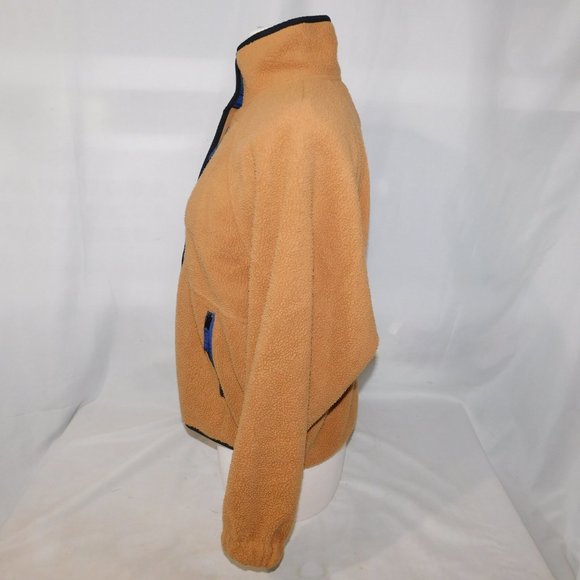 American Eagle Snap Front Sherpa Fleece Jacket Blue Tan Brown Womens XS - Picture 9 of 11